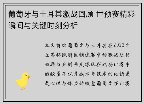葡萄牙与土耳其激战回顾 世预赛精彩瞬间与关键时刻分析